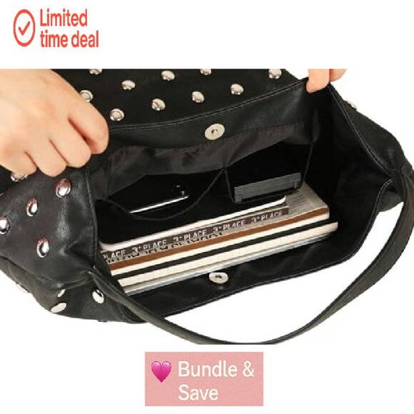 Large Vegan Leather Studded Hobo Tote Bag with Magnetic Closure - Picture 3 of 7